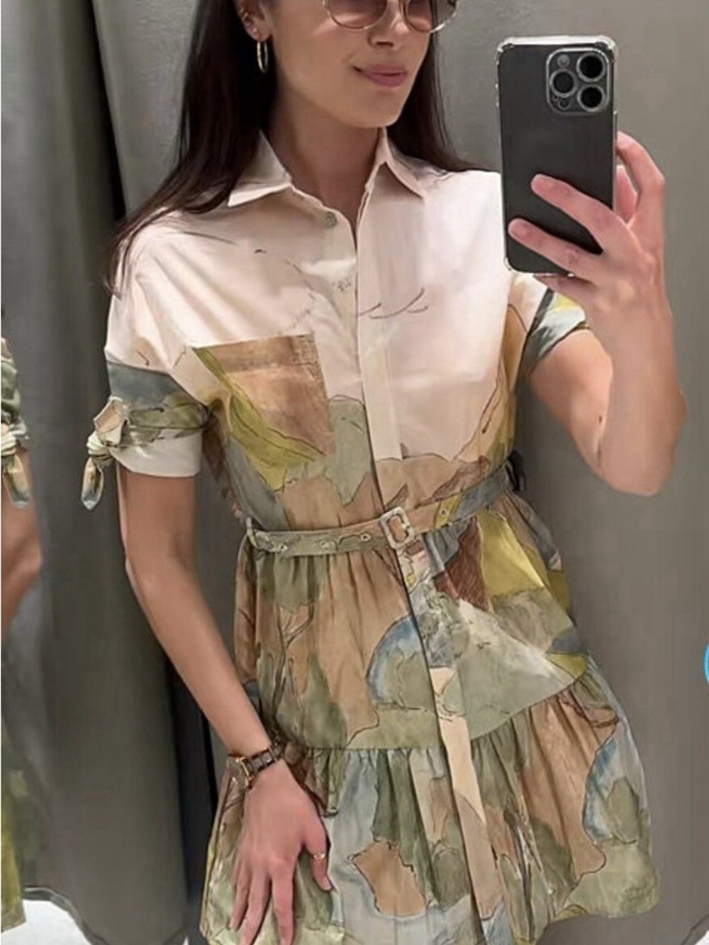 Zara Pastel Abstract Print Shirt Mini Dress in Cream, Green, Blue